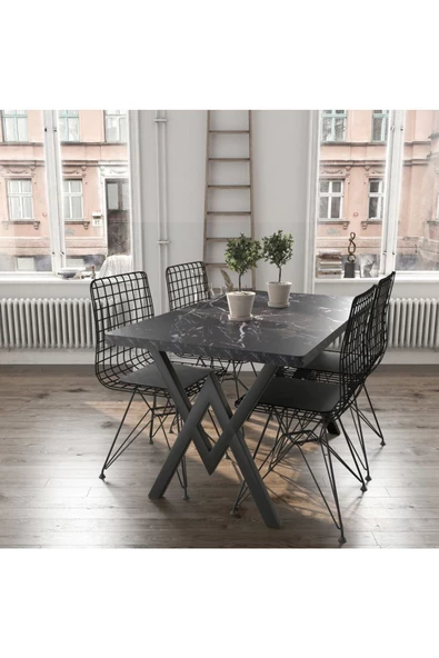 AVVİO 80x120 Serap Tel Kafes 4 Kişilik Siyah Mermer Görünümlü Mutfak Masası Yemek Masası Cafe Masası