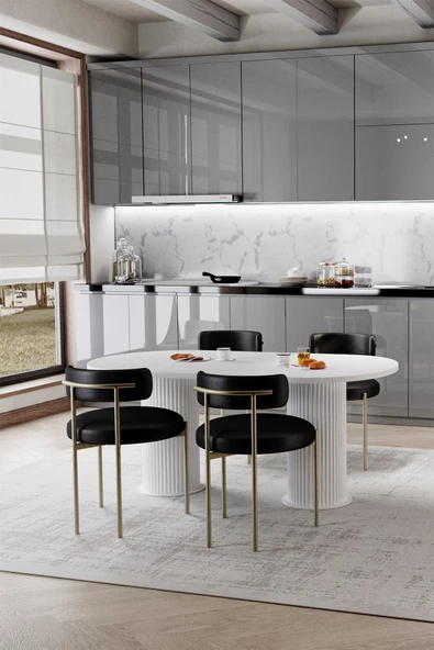 AVVİO RİTA Beyaz PTT Ayak 80X140 Yemek Masası Mutfak Masası Masa Sandalye Takımı(KADİFE KUMAŞ) - Resim 2