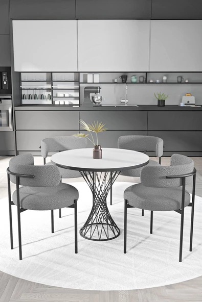 AVVİO Metal Teddy Sandalye 90x90 Yuvarlak Hasır Ayak Mutfak Masası Takımı Yemek Masası Takımı - Resim 2