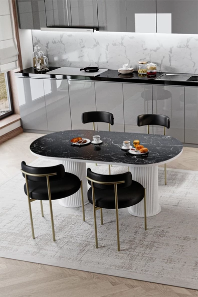 AVVİO RİTA Beyaz PTT Ayak 80X140 Yemek Masası Mutfak Masası Masa Sandalye Takımı(KADİFE KUMAŞ) - Resim 2