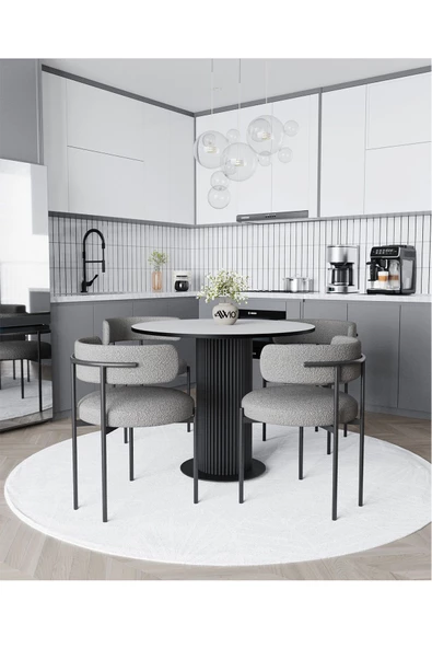 AVVİO Duru Teddy Sandalye 90x90 Yuvarlak Mutfak Masası Takımı Yemek Odası Masası Takımı (BUKLE KUMAŞ) ürün görseli