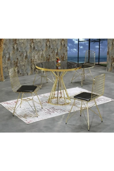 AVVİO Ella 4 Kişilik Siyah Mermer Görünümlü Metal Mutfak Masası Takımı-gold Tel Sandalyeli 90x90 Cm