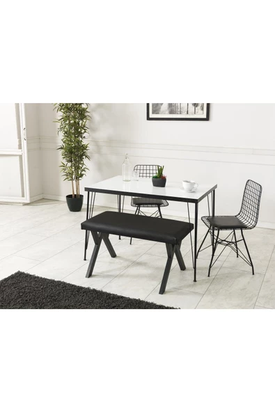 AVVİO 80x120 Pırıl Beyaz Görünümlü Metal Ayaklı Mutfak Masası Ve Bench Takımı ürün görseli