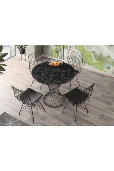 AVVİO 90x90 Parla Yuvarlak Yemek Masa Takım Mutfak Masa Sandalye Takımı Siyah Mermer Desenli ürün görseli
