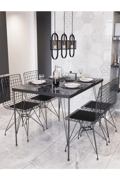 AVVİO 60x120 Mera 4 Kişilik Yemek Masası Takımı-mutfak Masası Takımı-siyah Mermer Desenli Oval Kenar - Resim 2