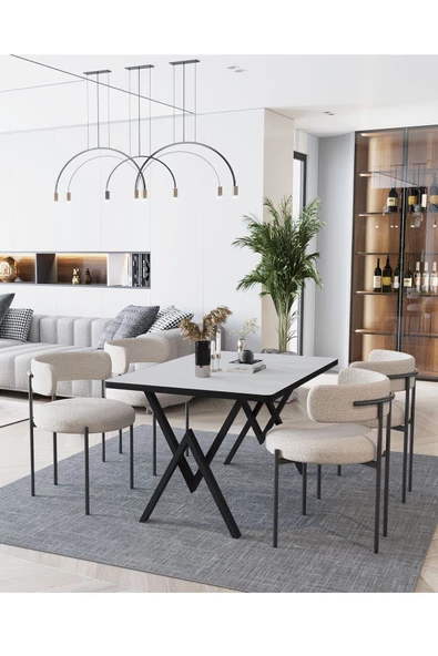 AVVİO Lavinya Teddy Sandalye 80x120 Yemek Masası Mutfak Masası 4 Kişilik Masa Sandalye Takımı(BUKLE KUMAŞ) - Resim 2