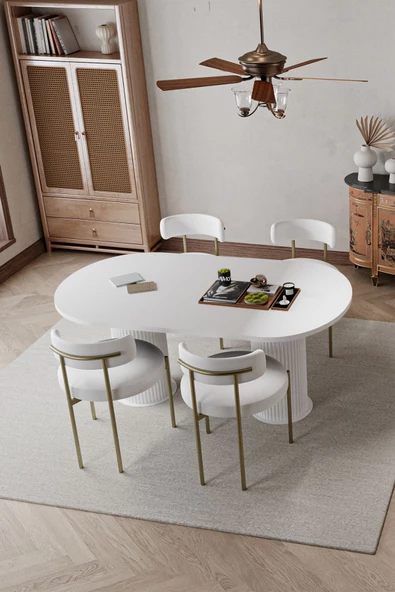 AVVİO WEST Beyaz PTT Ayak 80X140 Yemek Masası Mutfak Masası Masa Sandalye Takımı(KADİFE KUMAŞ) - Resim 2