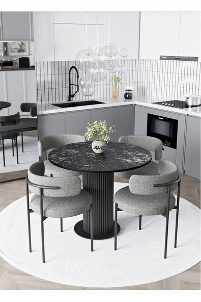 AVVİO Duru Teddy Sandalye 90x90 Yuvarlak Mutfak Masası Takımı Yemek Odası Masası Takımı (BUKLE KUMAŞ) - Resim 2