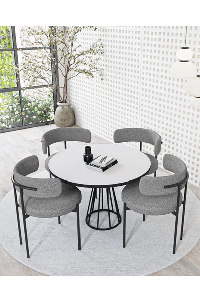 AVVİO Metal Teddy Sandalye 90x90 Yuvarlak Kum Saati Ayak Mutfak Masası Takımı Yemek Masası Takımı - Resim 2