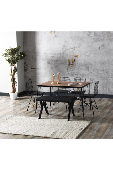 AVVİO 80x120 Home Asel Akçaağaç Görünümlü Metal Ayaklı Mutfak Masası Ve Bench Takımı ürün görseli