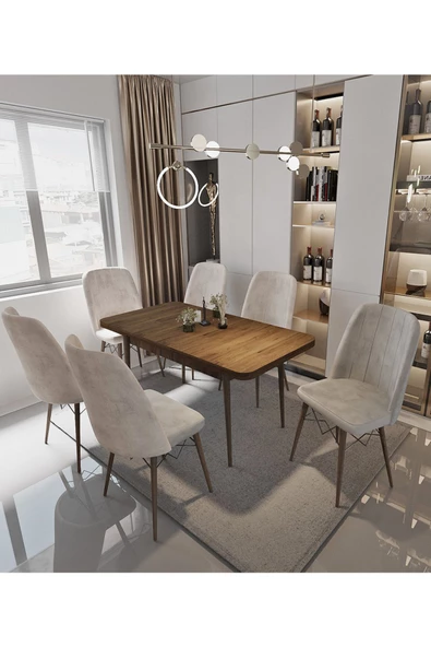 AVVİO Sümela 80x130(KAPALI) 80x170(AÇIK) Yemek Masası Takımı Mutfak Masası Takımı Krem 6 Sandalyeli ürün görseli