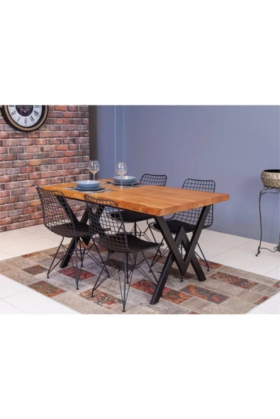 AVVİO Ceylin Tel Kafes 4 Kişilik Tel Ayaklı Kütük Masa Sandalye Takımı ürün görseli