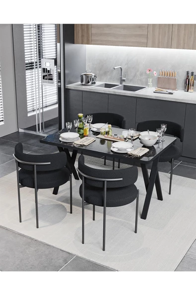 AVVİO Alvin Teddy Sandalye 80x120 Yemek Masası Mutfak Masası 4 Kişilik Masa Sandalye Takımı(BUKLE KUMAŞ) - Resim 2