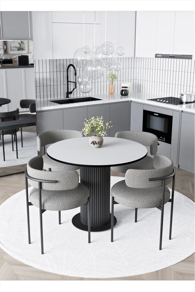 AVVİO Duru Teddy Sandalye 90x90 Yuvarlak Mutfak Masası Takımı Yemek Odası Masası Takımı (BUKLE KUMAŞ) - Resim 2