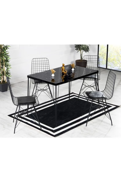 AVVİO Arya 4 Kişilik 80x120 Yemek Masası Takımı-mutfak Masası Takımı-siyah Mermer Oval Kenar