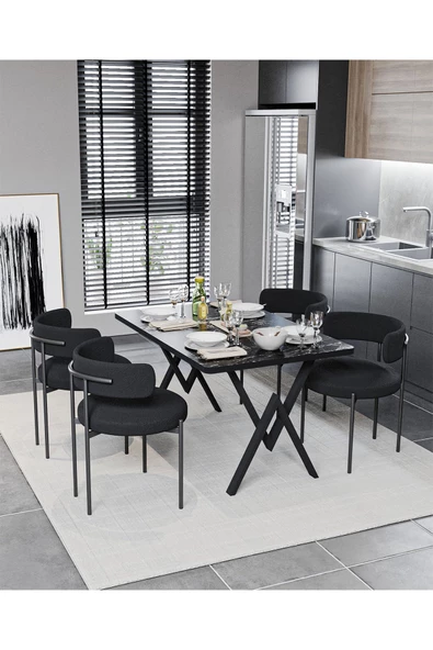 AVVİO Alvin Teddy Sandalye 80x120 Yemek Masası Mutfak Masası 4 Kişilik Masa Sandalye Takımı(BUKLE KUMAŞ) ürün görseli