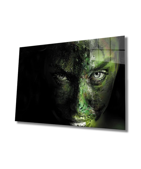 Yeşil Boyalı Kadın Yüzü Dekoratif ve Modern Cam Tablo ürün görseli