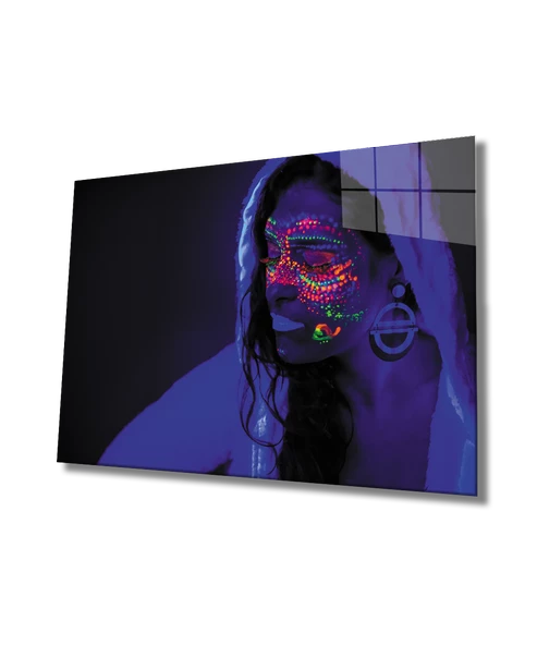 Neon Makyajlı Kadın Dekoratif ve Modern Cam Tablo
