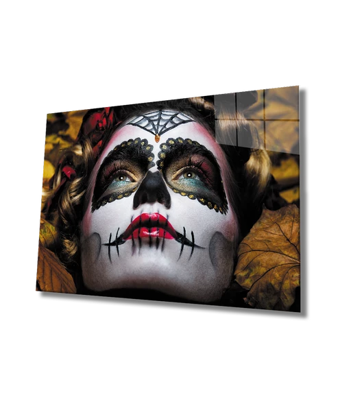 Şeker Kafatası Kadın Dekoratif ve Modern Cam Tablo Sugar Skull