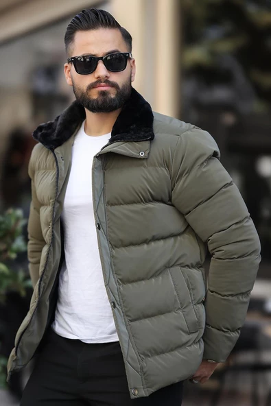 Erkek Parlak Kışlık Şişme Mont Astarlı Haki - 5
