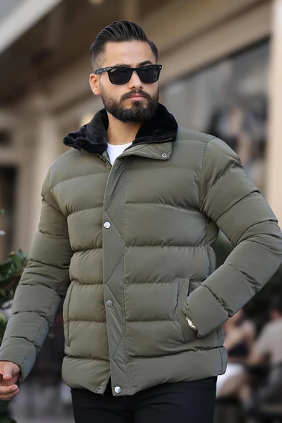 Erkek Parlak Kışlık Şişme Mont Astarlı Haki - 4