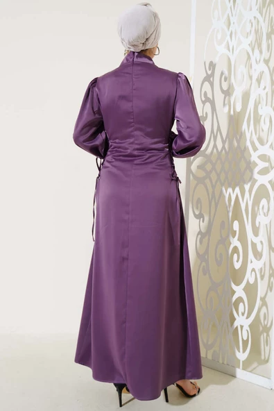 Yanları İp Bağlamalı Saten Elbise Magenta - 3