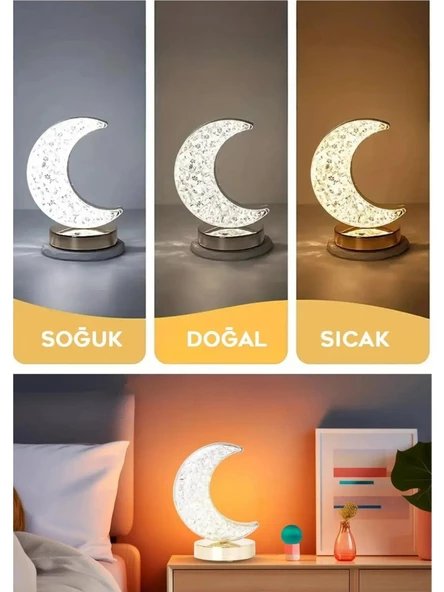 Dekoratif Ay Işığı Hilal Masa Lambası Crystal Moon USB Şarjlı 3 Modlu Ambiyans LED Gece Lambası B37 - 4