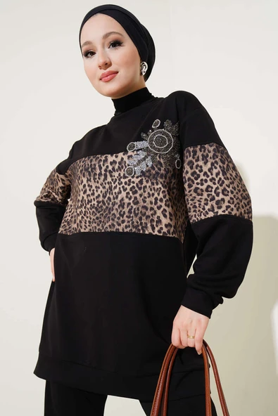 Leopar Garnili Taşlı İkili Takım Siyah - 2