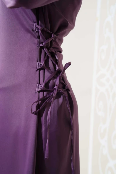 Yanları İp Bağlamalı Saten Elbise Magenta - 4