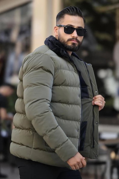 Erkek Parlak Kışlık Şişme Mont Astarlı Haki - 3