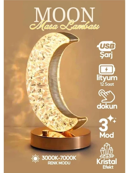 Dekoratif Ay Işığı Hilal Masa Lambası Crystal Moon USB Şarjlı 3 Modlu Ambiyans LED Gece Lambası B37