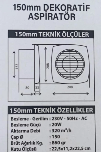 Banyo Tuvalet Havalandırma 150 lik Fan Aspiratör - 3