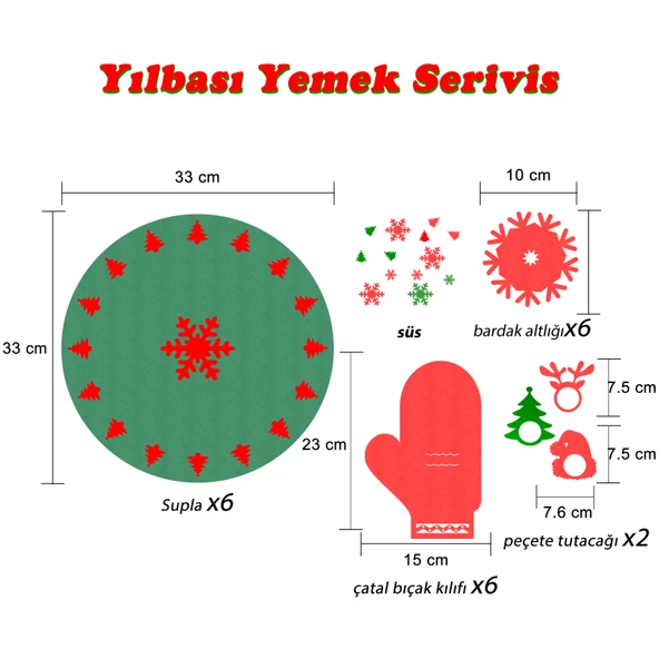 Yeniyıl Yılbaşı Noel 24 parça 6 kişilik Amerikan Yemek Servis Supla Bardak Altlığı Peçete Çatal Seti - 4