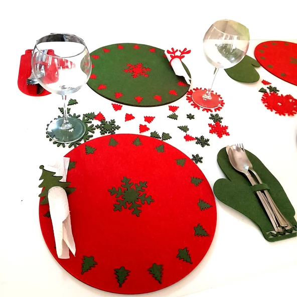 Yeniyıl Yılbaşı Noel 24 parça 6 kişilik Amerikan Yemek Servis Supla Bardak Altlığı Peçete Çatal Seti - 3