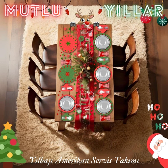 Yeniyıl Yılbaşı Noel 24 parça 6 kişilik Amerikan Yemek Servis Supla Bardak Altlığı Peçete Çatal Seti