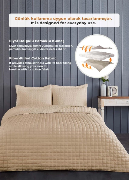 Joy Pamuklu Yatak Örtüsü Seti Çift Kişilik 3 Parça Elyaf Dolgulu Yumuşak Günlük Yıkanabilir - 14
