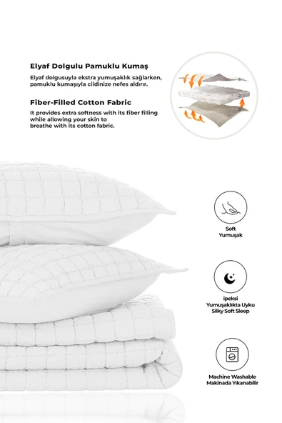 Joy Pamuklu Yatak Örtüsü Seti Çift Kişilik 3 Parça Elyaf Dolgulu Yumuşak Günlük Yıkanabilir - 9