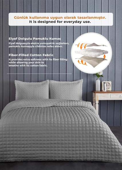Joy Pamuklu Yatak Örtüsü Seti Çift Kişilik 3 Parça Elyaf Dolgulu Yumuşak Günlük Yıkanabilir - 19