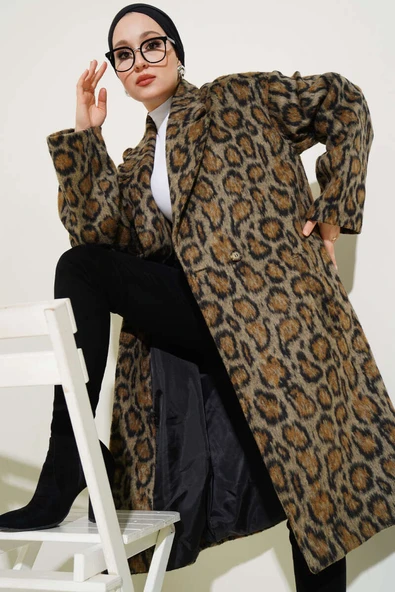 Leopar Desen Kaşe Kaban Leopar