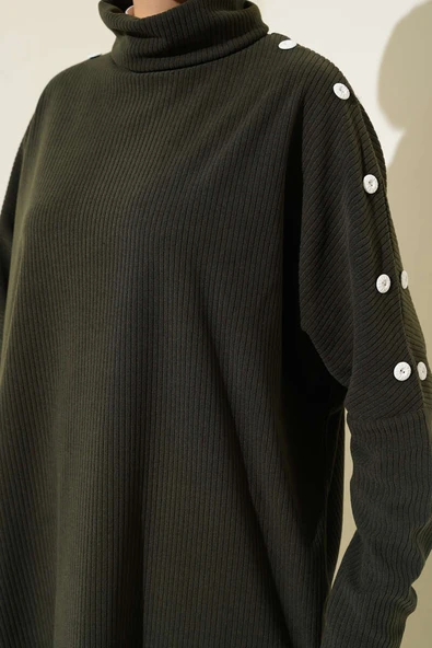 Düğme Detaylı Püsküllü Tunik Haki - 4