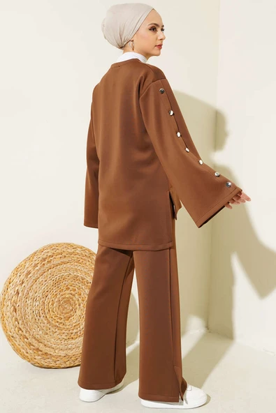 Kolu Boydan Düğmeli Scuba İkili Takım Kahve - Resim 3