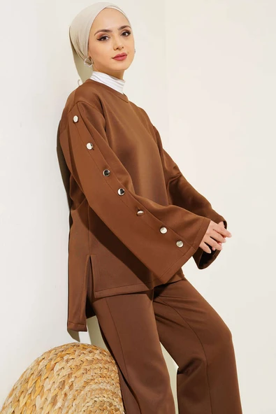 Kolu Boydan Düğmeli Scuba İkili Takım Kahve - Resim 2