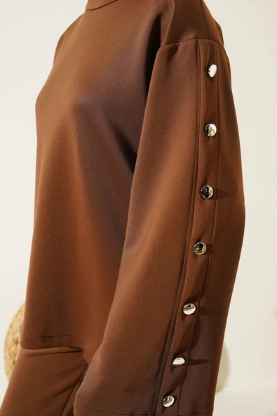 Kolu Boydan Düğmeli Scuba İkili Takım Kahve - Resim 4