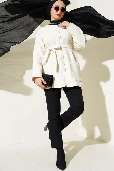 Sim Detaylı Kuşaklı Ceket Ekru - Resim 2