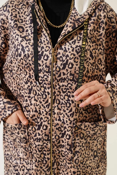 Kapüşonlu Leopar Desen Kap Bej - 4