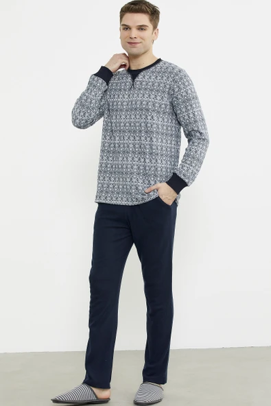 Sıfır Yaka Desenli Rahat Kalıp Pijama Takım - Lacivert - 3
