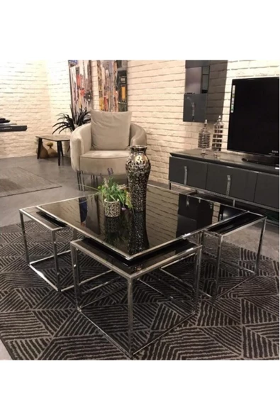 Onurdesign Kante Metal Crom Kaplama Siyah Cam Orta Sehpa 4+1 - 2