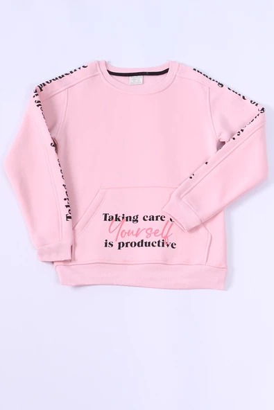 KIZ ÇOCUK 3 İPLİK SWEAT KANGURU CEPLİ BASKILI C24 - Resim 5