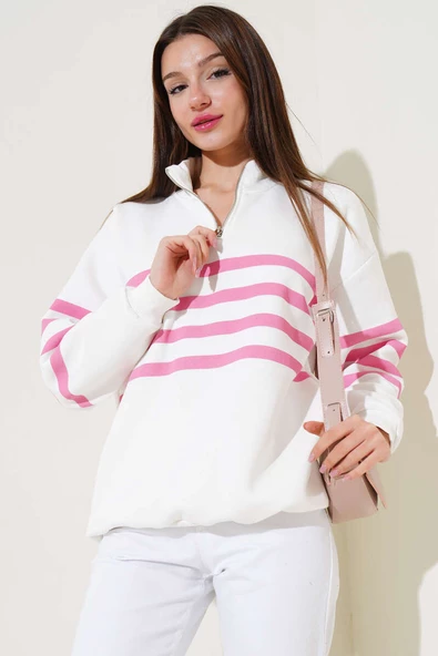Çizgili Yarım Fermuarlı Sweatshirt Beyaz Pembe ürün görseli 1