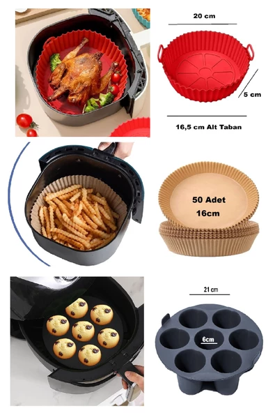 3'lü Airfryer Silikon 7 Gözlü Hava Firitözü Muffin Çörek Kek Kalıbı Yanmaz Yapışmaz Isıya Dayanıklı Pişirme Kağıdı Kalıpları